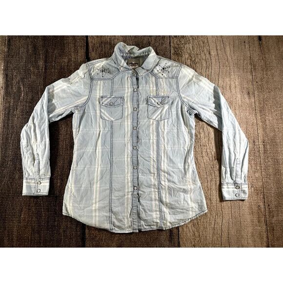 Harley Davidson Motorcycles Womens Blue Large Button Down Pocket Shirt - Picture 3 of 10